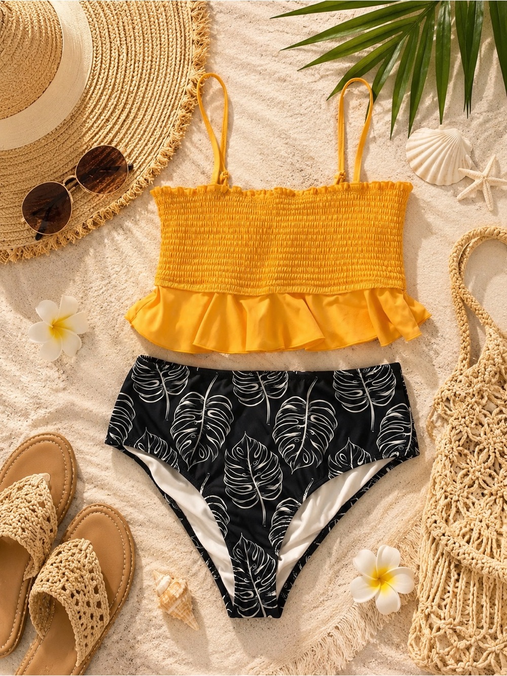Yellow Smocked Ruffle Tank Bikini Top with Black Leaf High-Waist Bikini Bottom